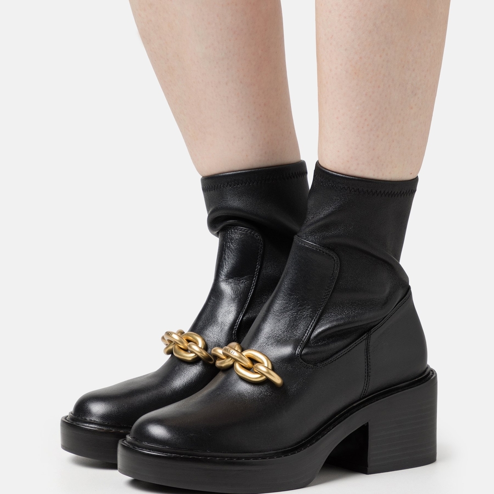 Coach Kenna Bootie Size 9 Black Leather Ankle Boots with Gold Chain Detail